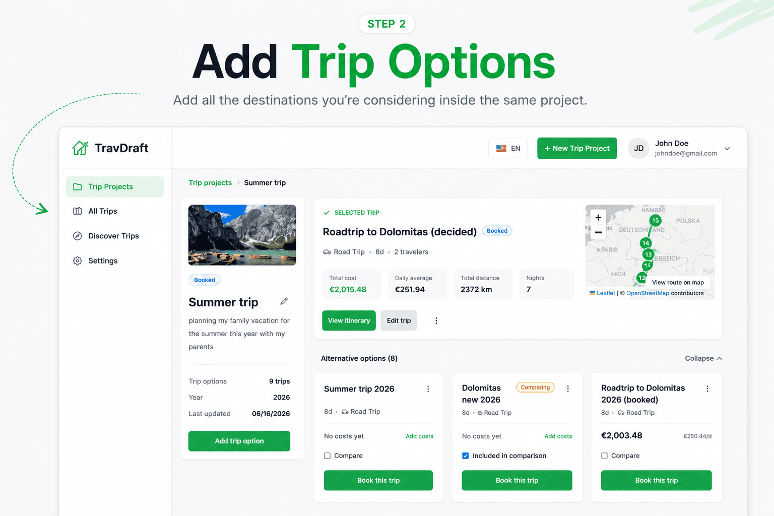 A trip project showing multiple destination options side by side