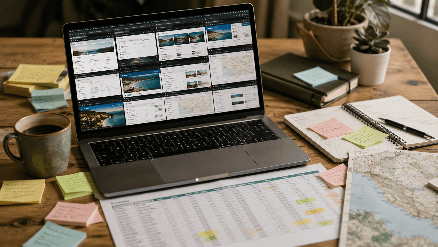 A desk covered in browser tabs, sticky notes, and a half-finished trip spreadsheet