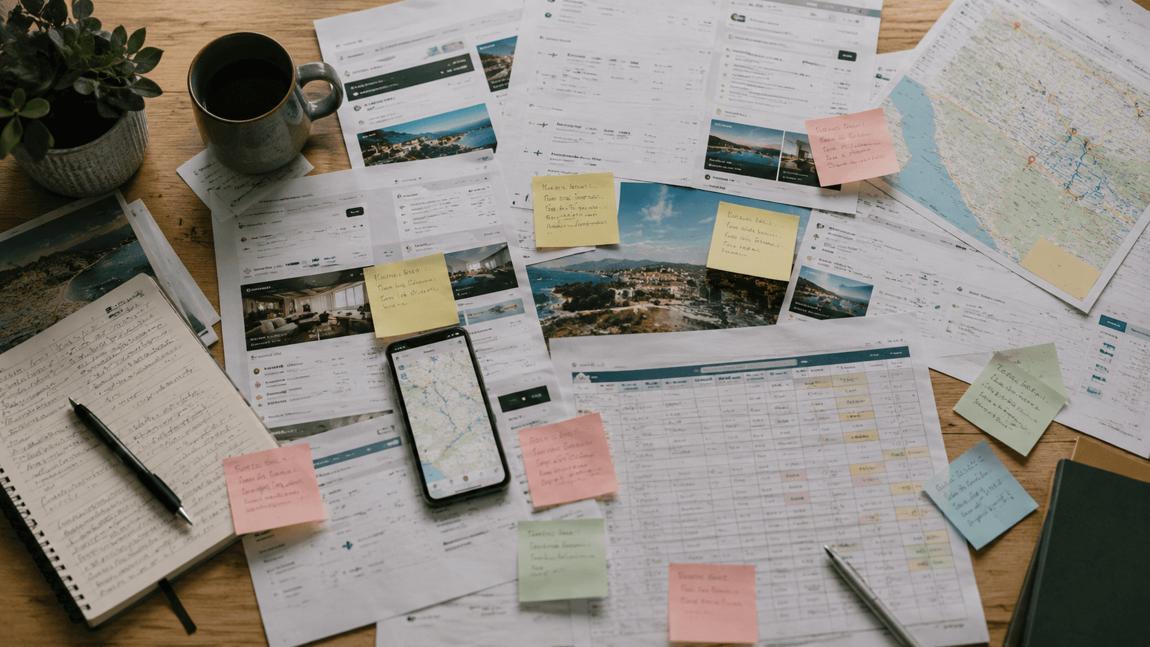 A desk covered in scattered travel research, screenshots, and sticky notes