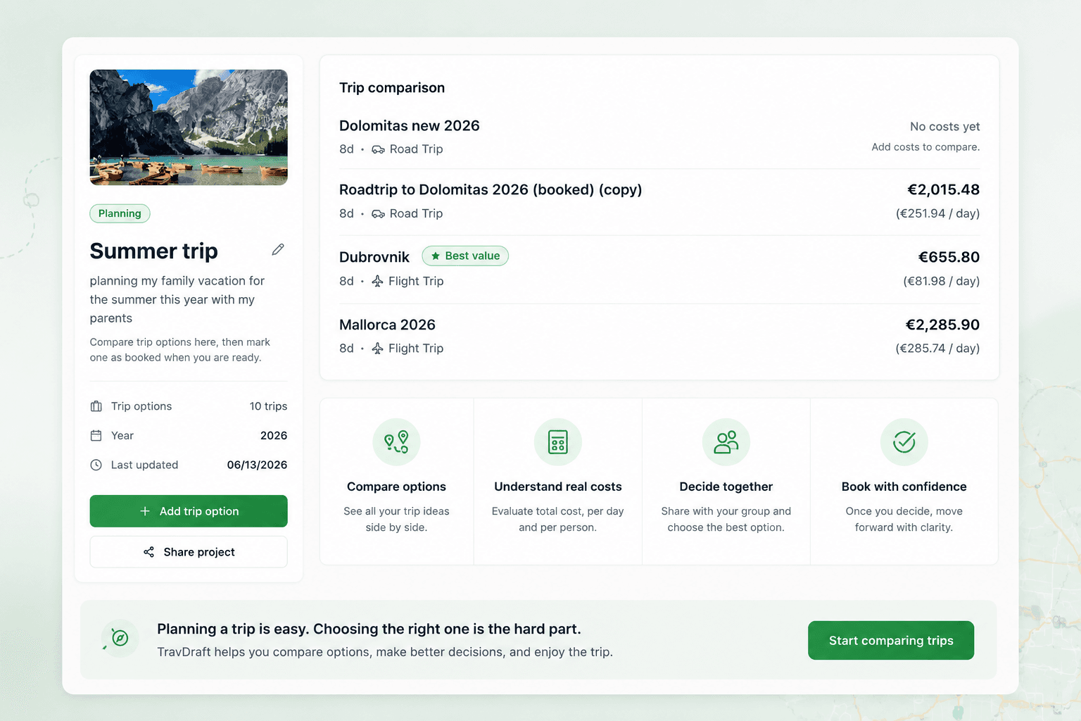 Two trip options compared side by side with totals and per-day costs